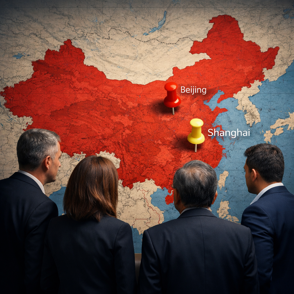 Στελέχη παρακολουθούν έναν χάρτη της Κίνας