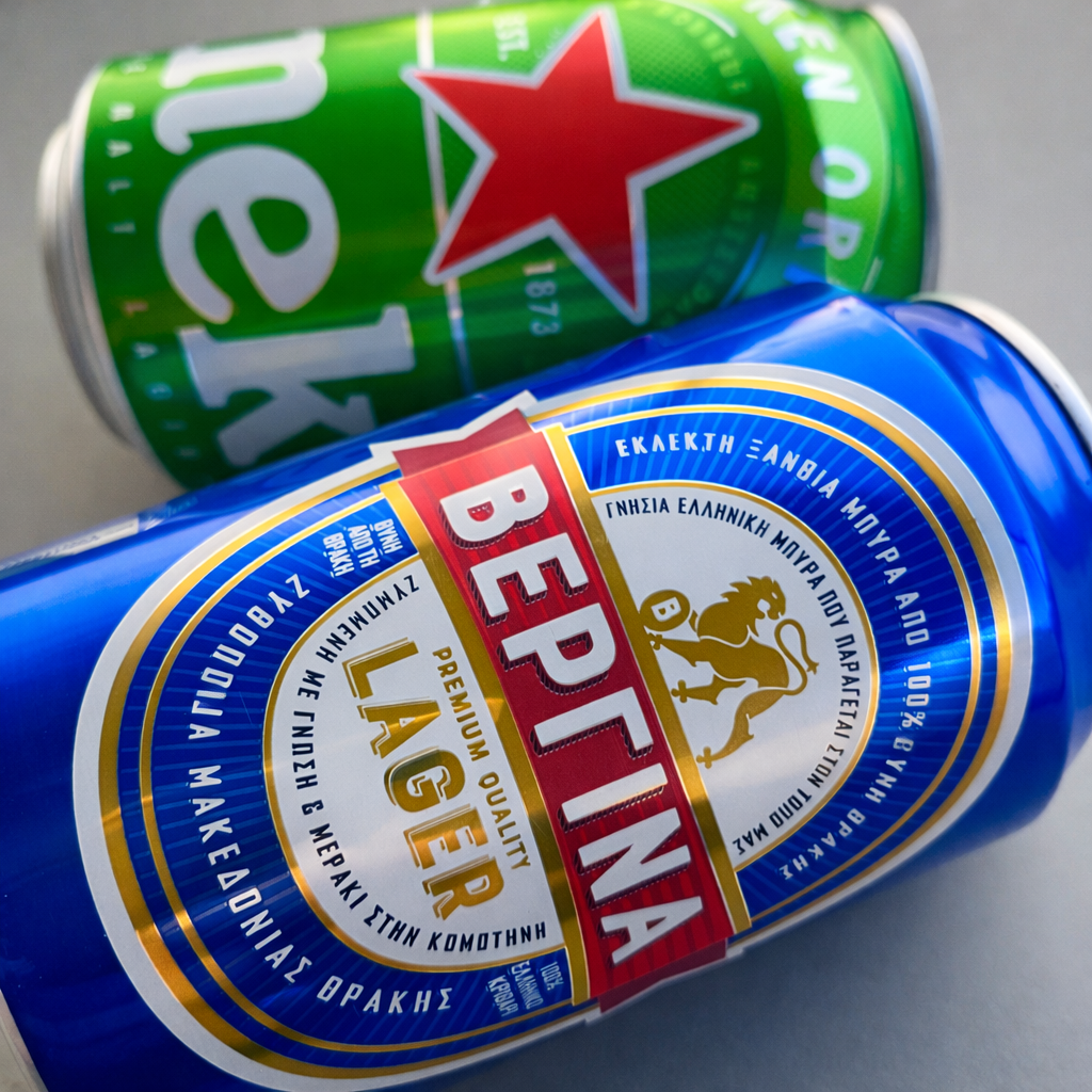 Στην φωτογραφία η μπίρα Βεργίνα και η μπίρα Heineken